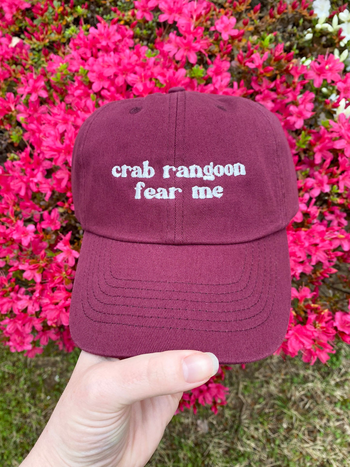 Crab Rangoon Fear Me Embroidered Dad Hat | Custom Cotton Baseball Cap | Adjustable Classic Hat